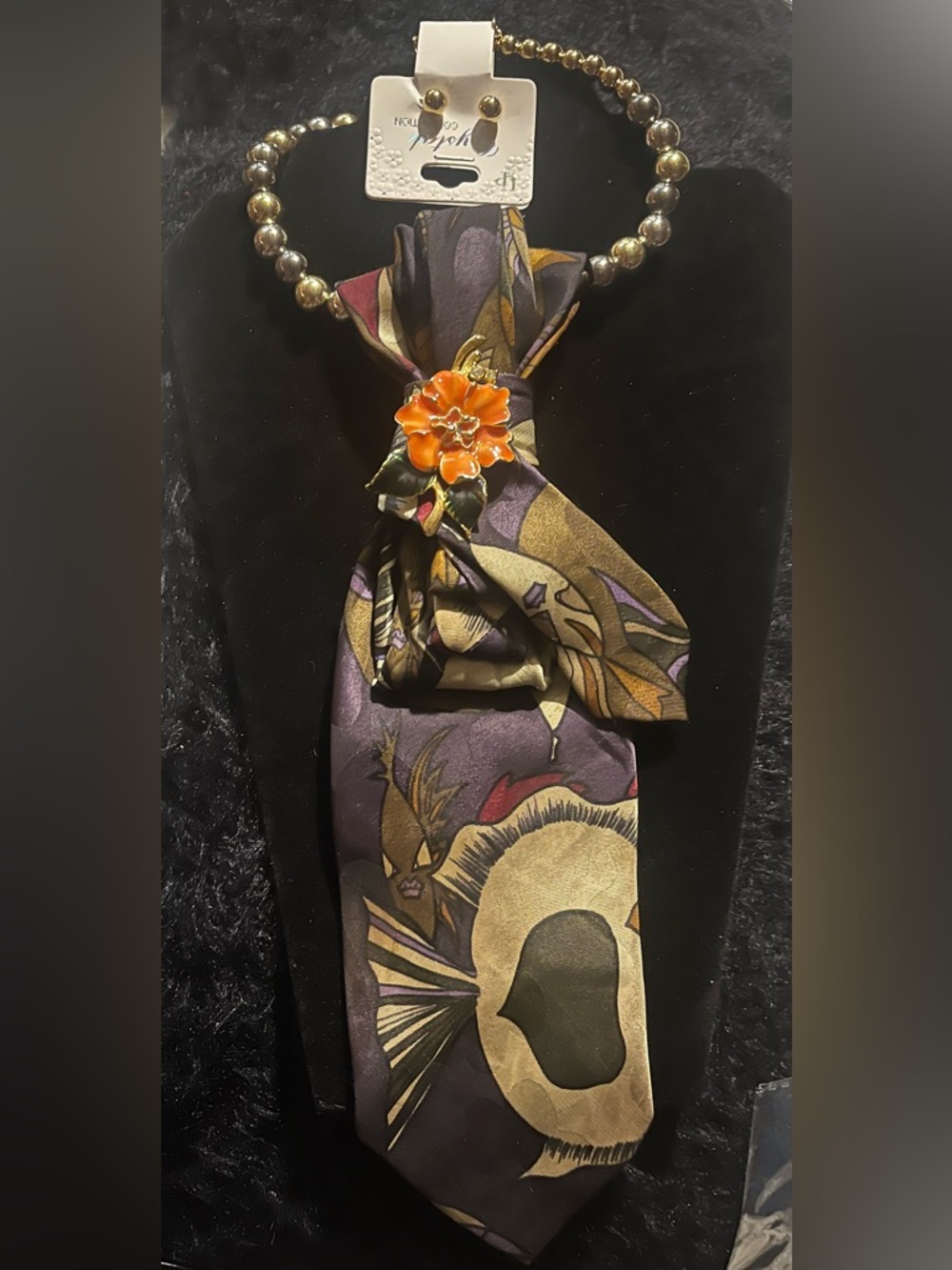 Silk Floral Pattern Scarf Necklace with Orange Flower Pin - Women Accessories